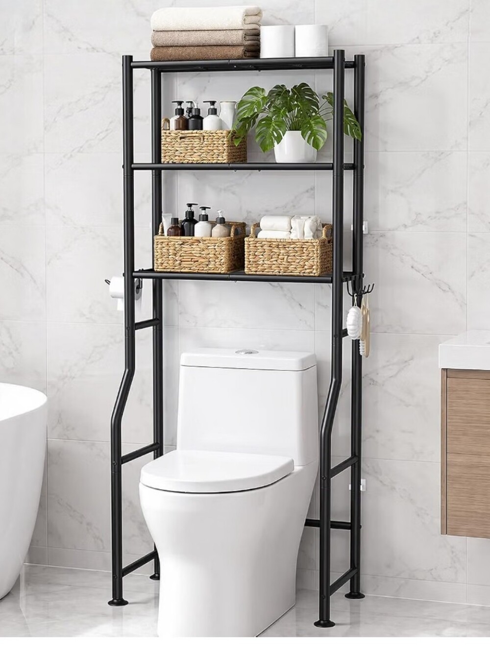 3-Tier Over Toilet Storage Cabinet, No Drilling, 64" H, Black